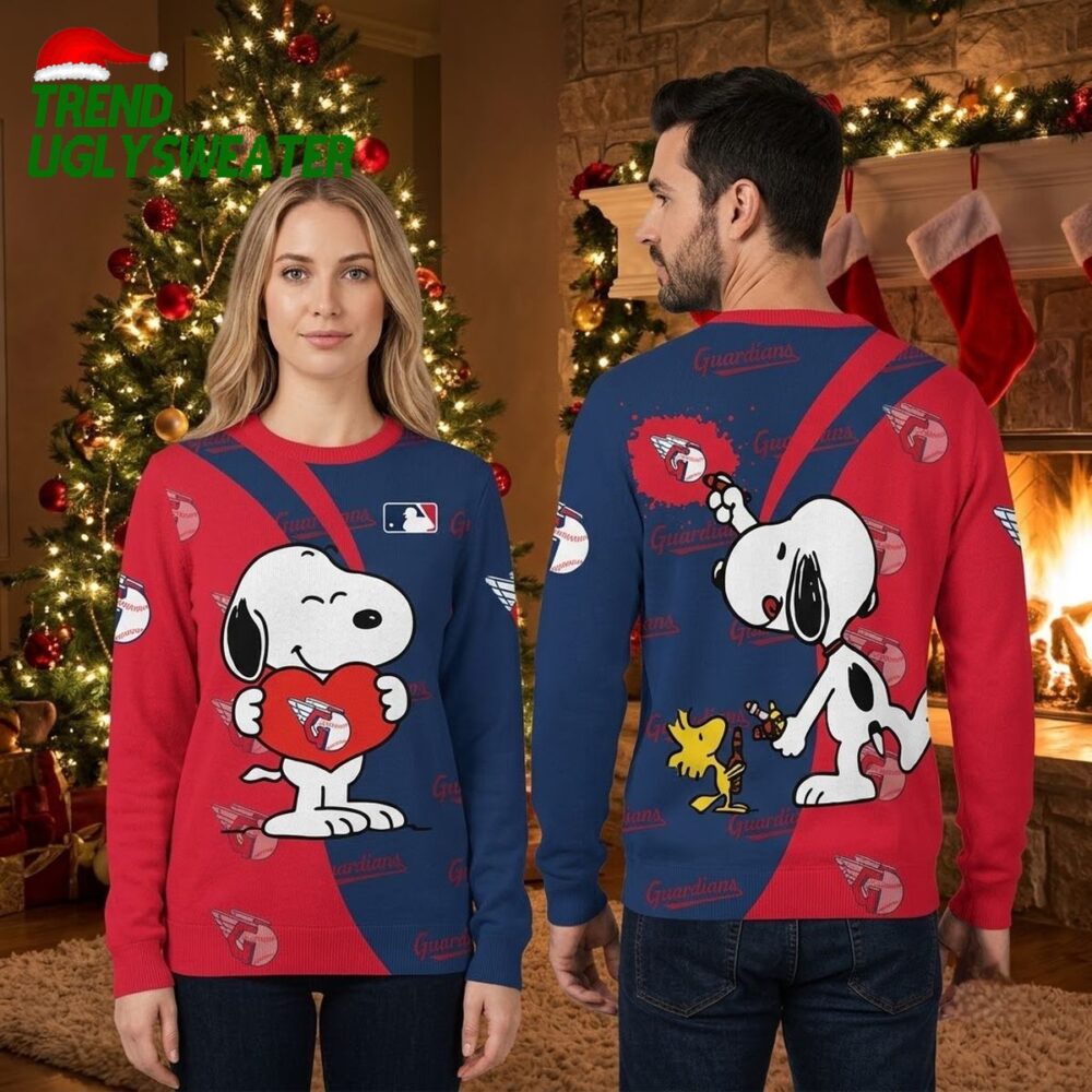 cleveland guardians snoopy and woodstock red blue ugly christmas sweater
