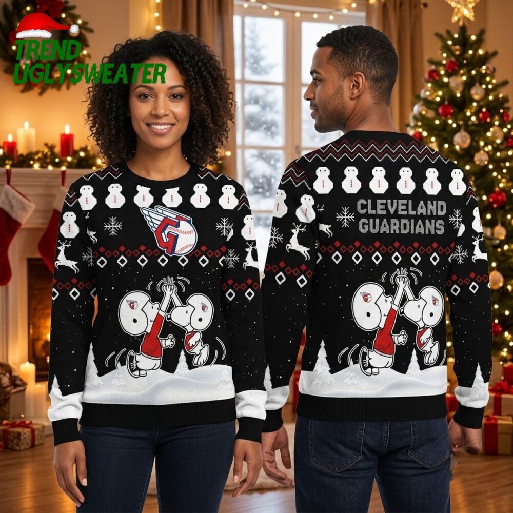 cleveland guardians snoopy baseball logo snowmen ugly christmas sweater
