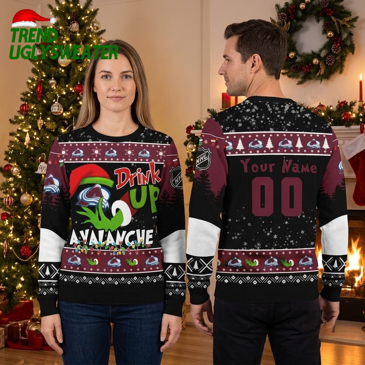 colorado avalanche grinch drink up custom name and number ugly christmas sweater colorado avalanche grinch drink up custom name and number ugly christmas sweater