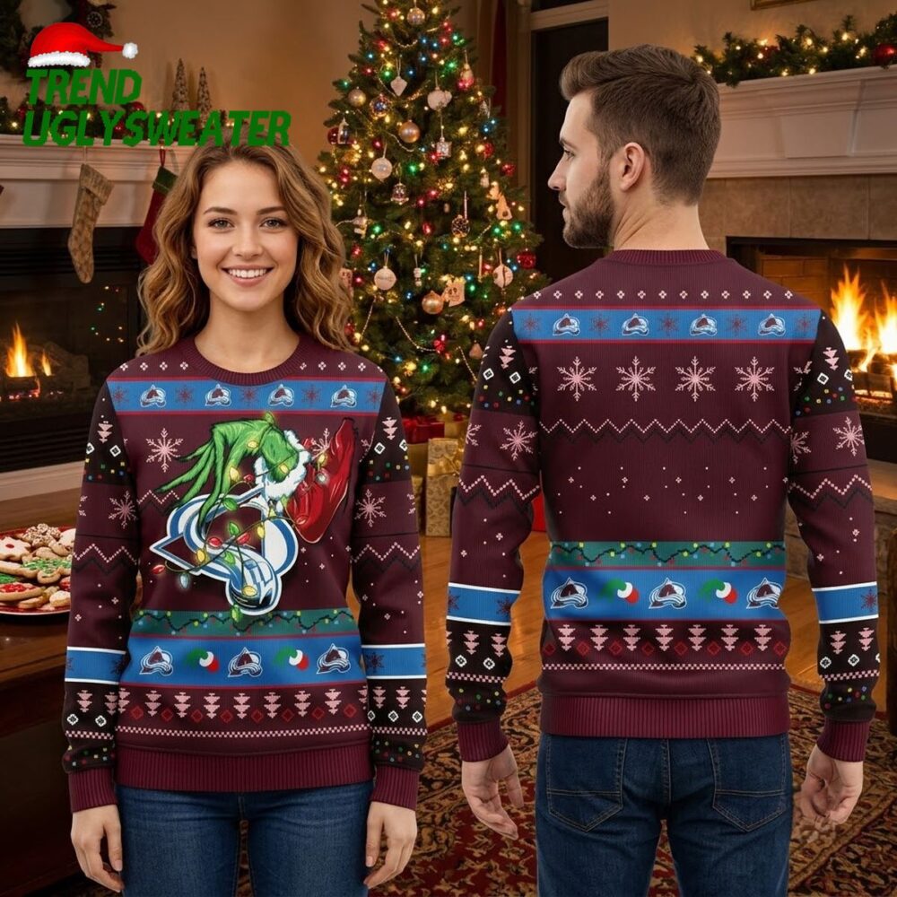 colorado avalanche grinch wrapped in christmas lights ugly christmas sweater