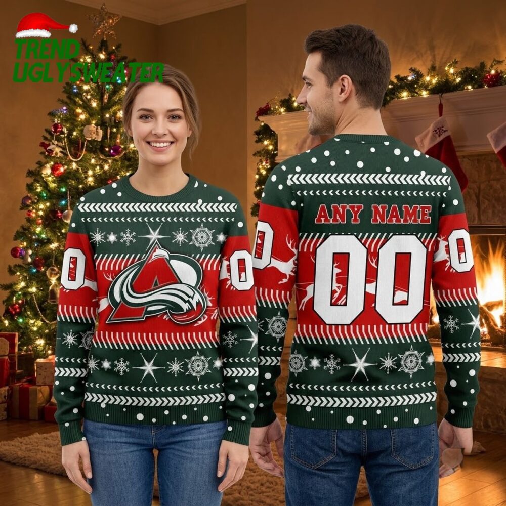 colorado avalanche logo custom name and number ugly christmas sweater