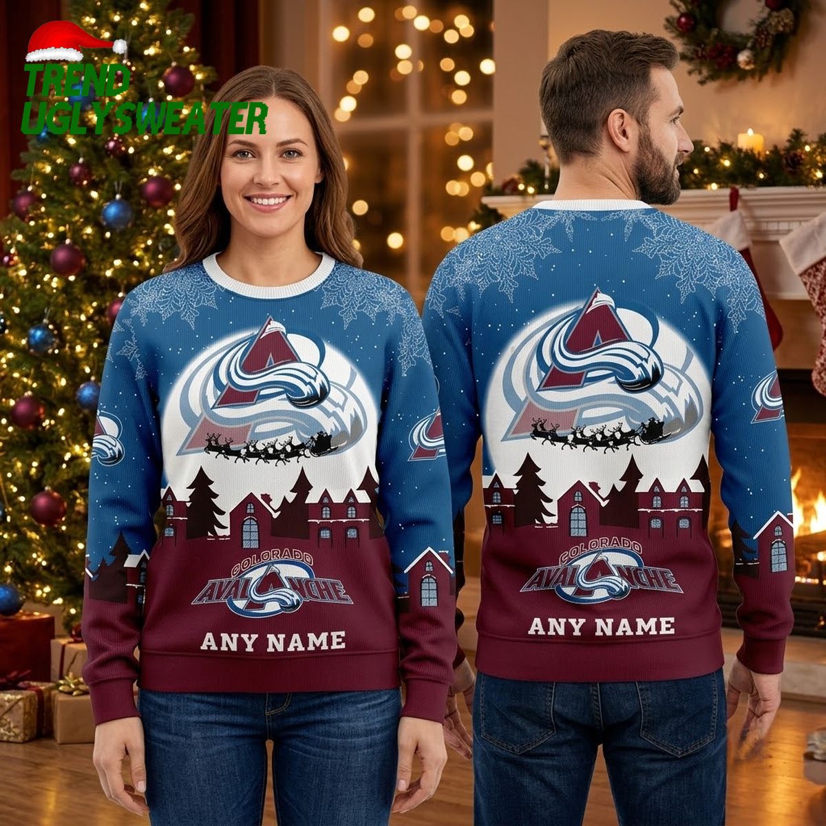 colorado avalanche logo santa sleigh custom name ugly christmas sweater colorado avalanche logo santa sleigh custom name ugly christmas sweater