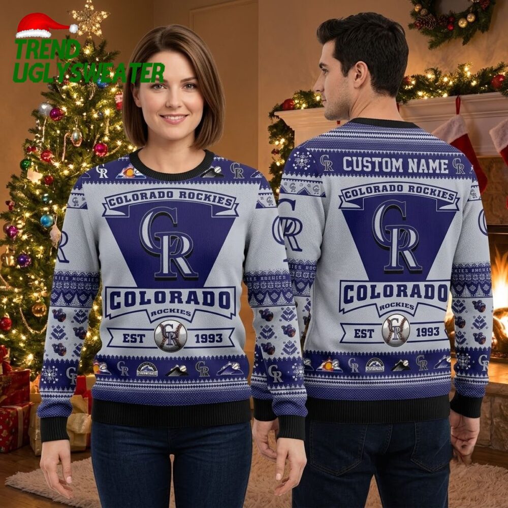 colorado rockies custom name baseball logo purple and white ugly christmas sweater