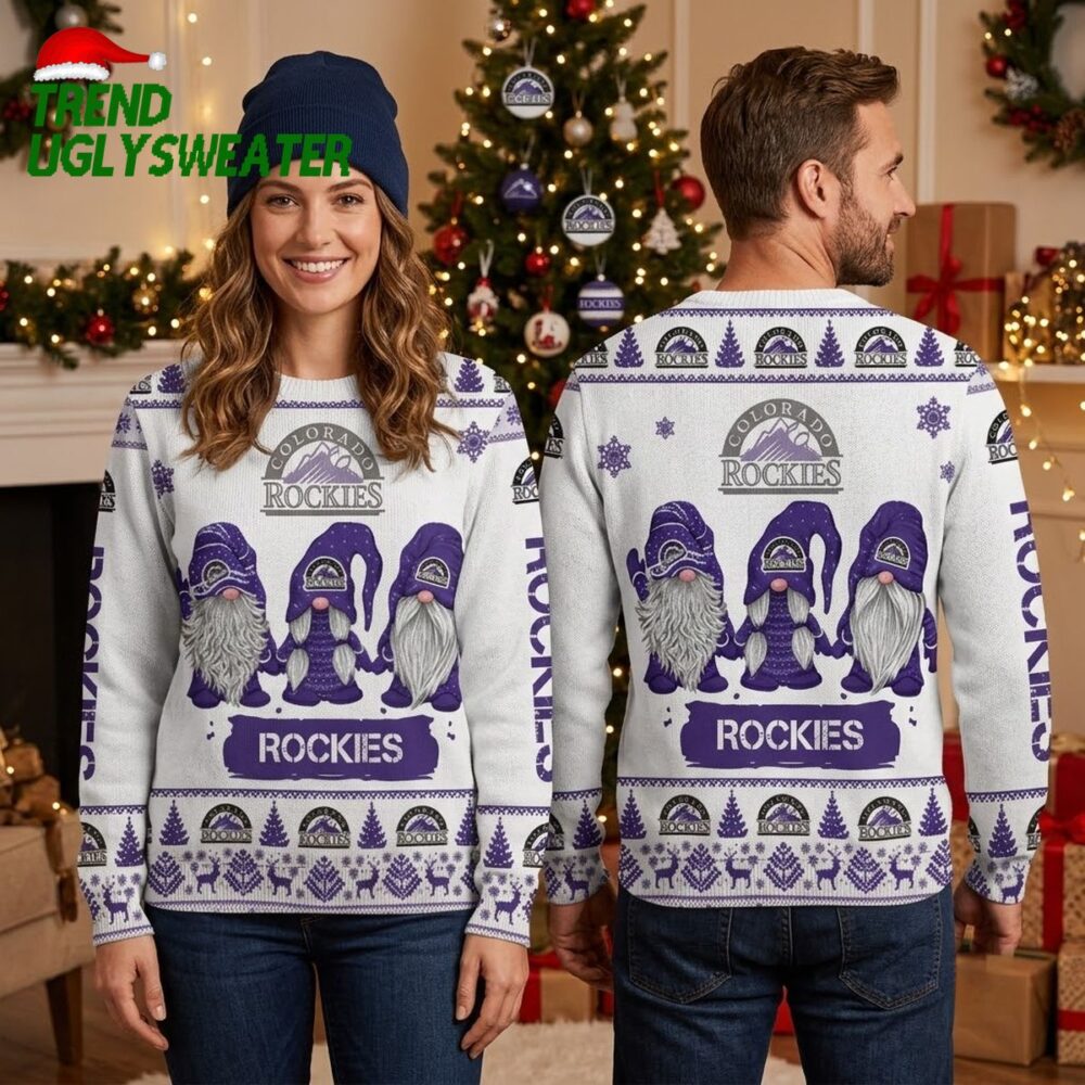 colorado rockies gnome trio purple white ugly christmas sweater