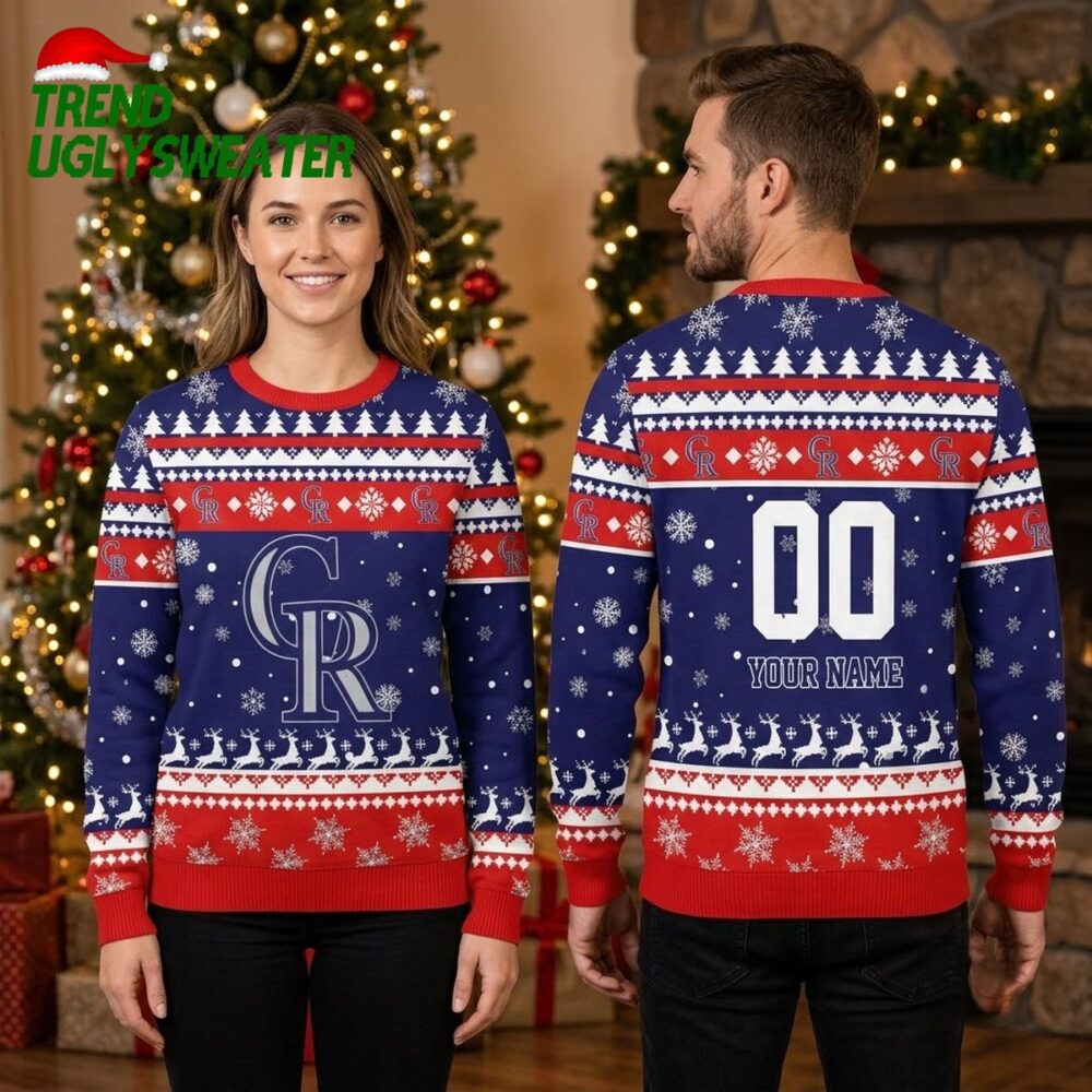 colorado rockies snowflake logo custom name and number ugly christmas sweater