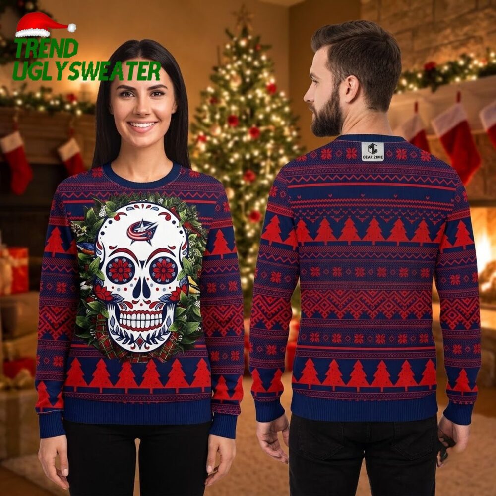 columbus blue jackets floral skull ugly christmas sweater