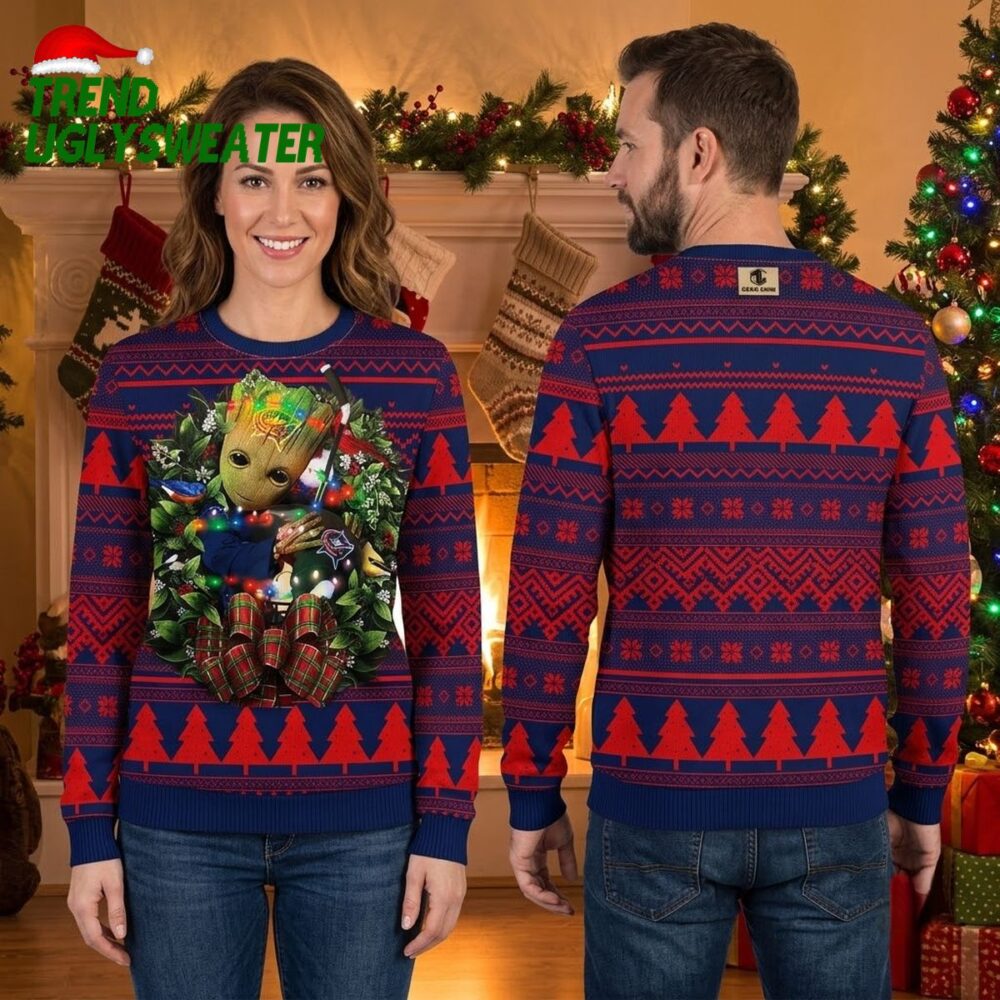 columbus blue jackets groot hug christmas lights ugly christmas sweater