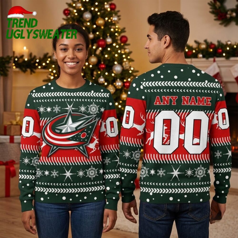 columbus blue jackets personalized logo custom name and number ugly christmas sweater