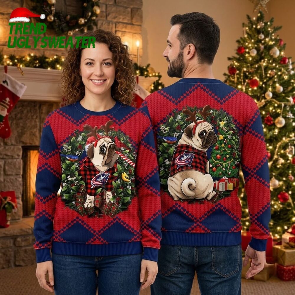 columbus blue jackets pug in christmas wreath ugly christmas sweater