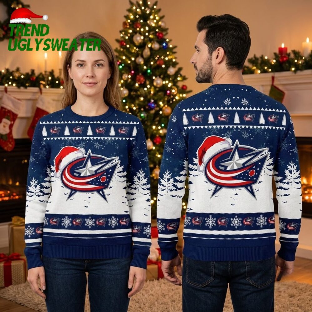 columbus blue jackets santa hat logo navy blue ugly christmas sweater