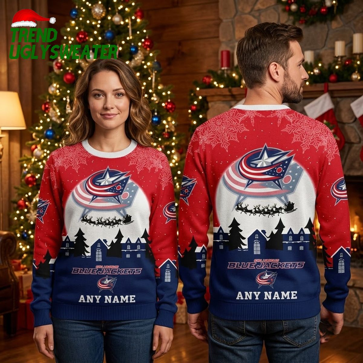 columbus blue jackets santa sleigh logo custom name ugly christmas sweater columbus blue jackets santa sleigh logo custom name ugly christmas sweater