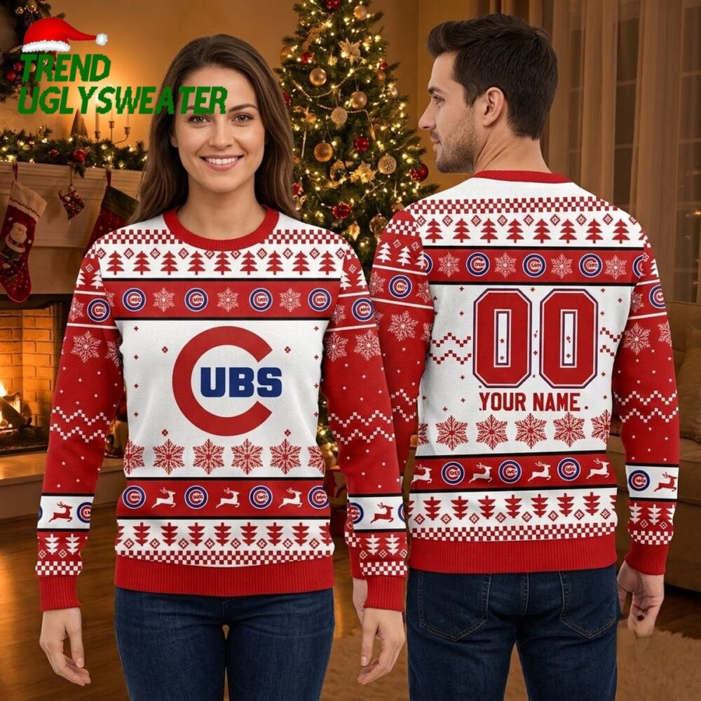 cubs custom name and number snowflake ugly christmas sweater