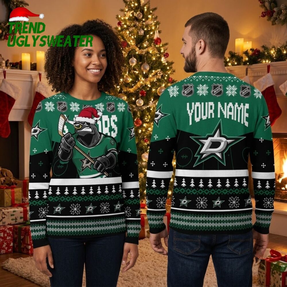 dallas stars santa hat hockey player custom name ugly christmas sweater