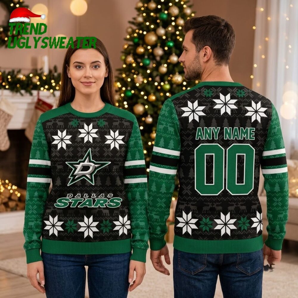 dallas stars snowflake personalized custom name and number ugly christmas sweater