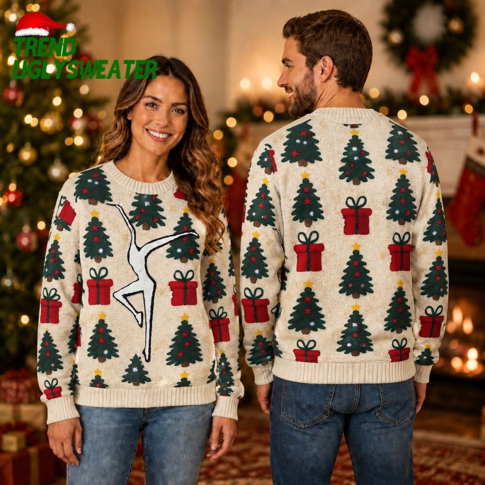 dave matthews band dancer logo christmas trees and red gift boxes ugly christmas sweater
