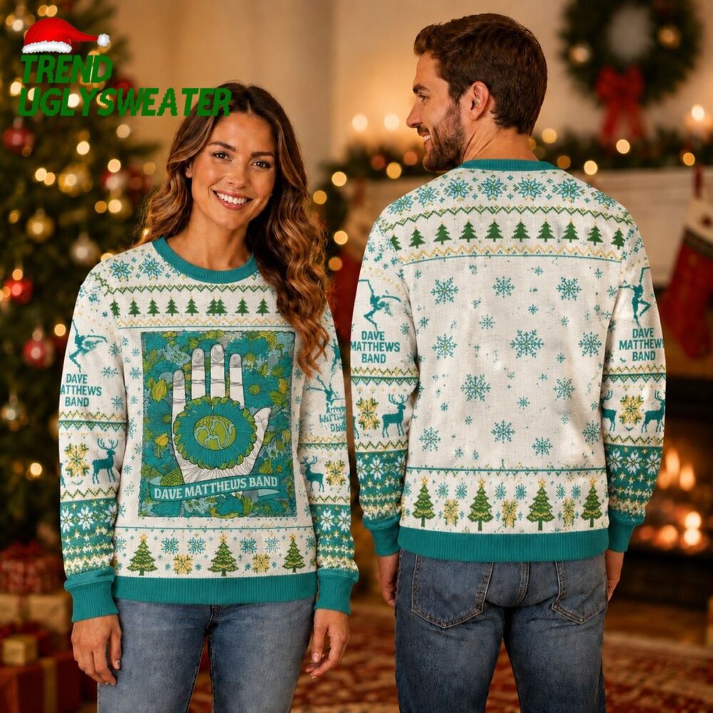 dave matthews band hand holding flower white and teal ugly christmas sweater
