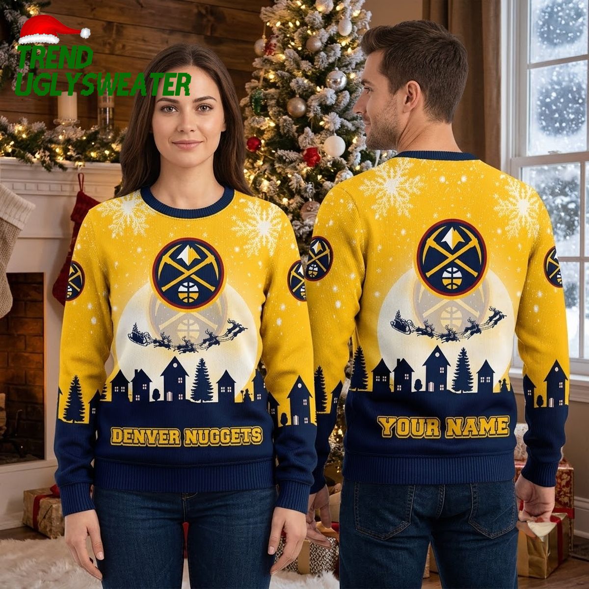 denver nuggets santa sleigh custom name ugly christmas sweater denver nuggets santa sleigh custom name ugly christmas sweater