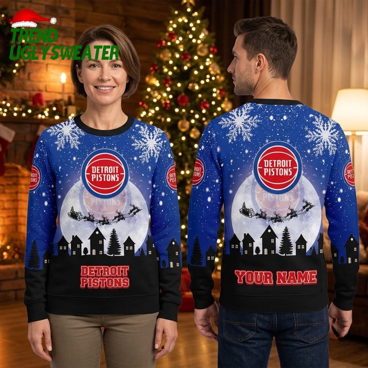 detroit pistons santa sleigh snowy city personalized custom name ugly christmas sweater detroit pistons santa sleigh snowy city personalized custom name ugly christmas sweater