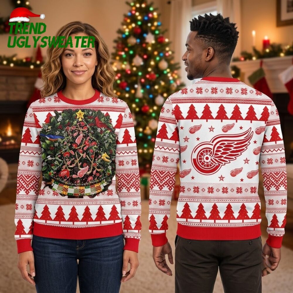 detroit red wings hockey christmas tree ugly christmas sweater