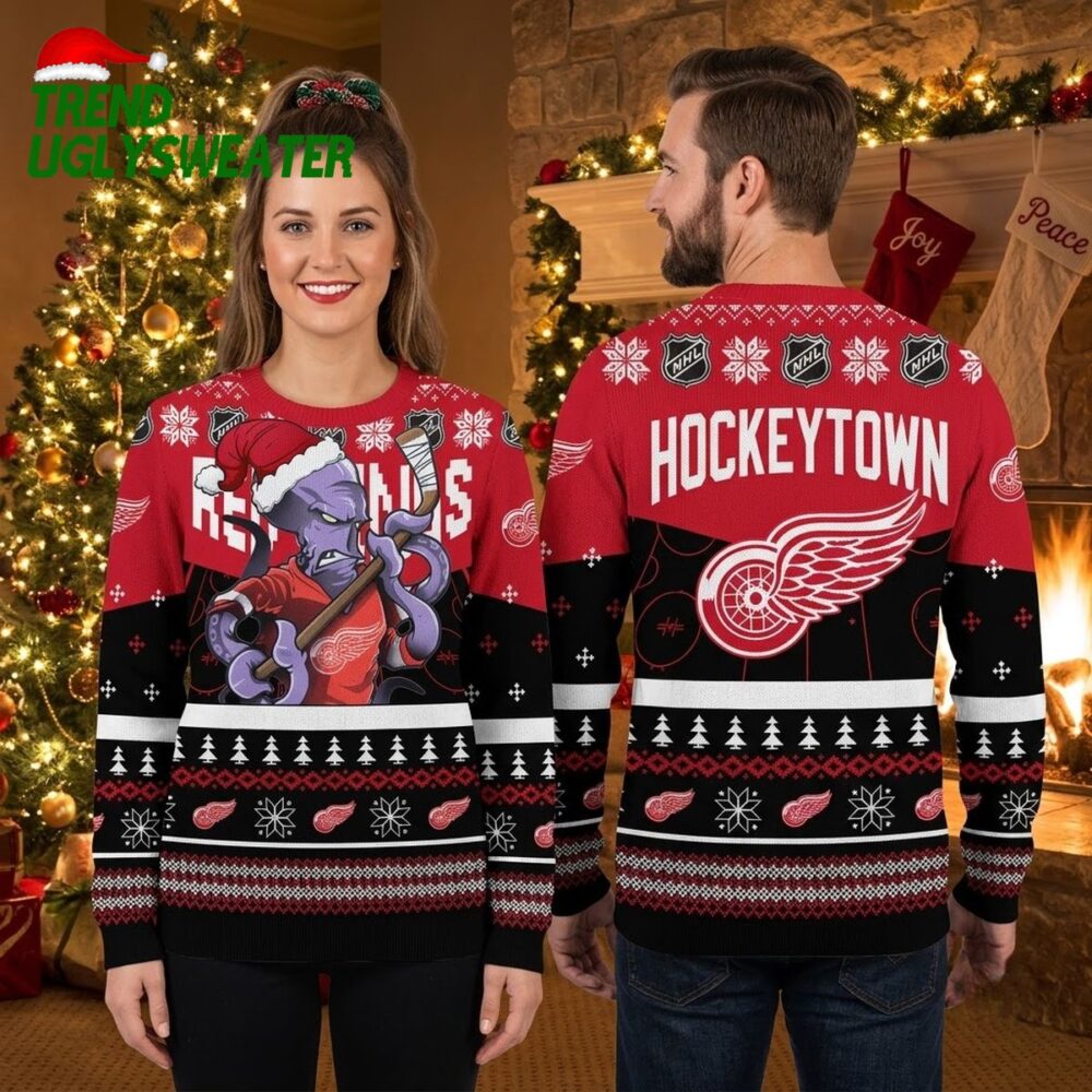 detroit red wings octopus santa hat custom name ugly christmas sweater