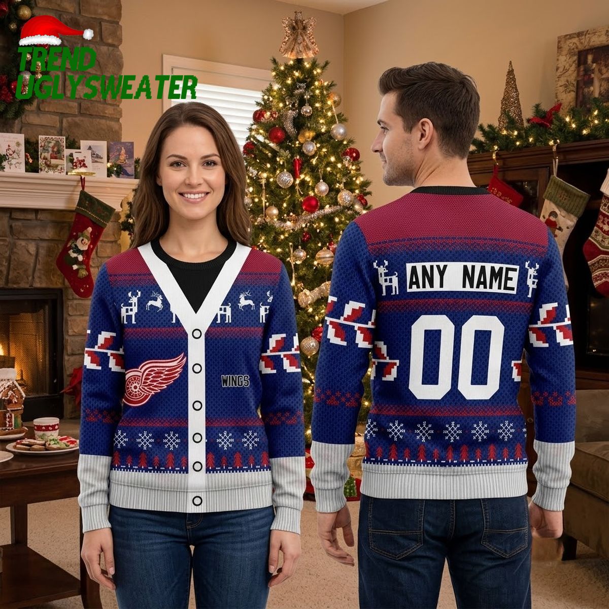 detroit red wings reindeer pattern custom name and number ugly christmas sweater detroit red wings reindeer pattern custom name and number ugly christmas sweater