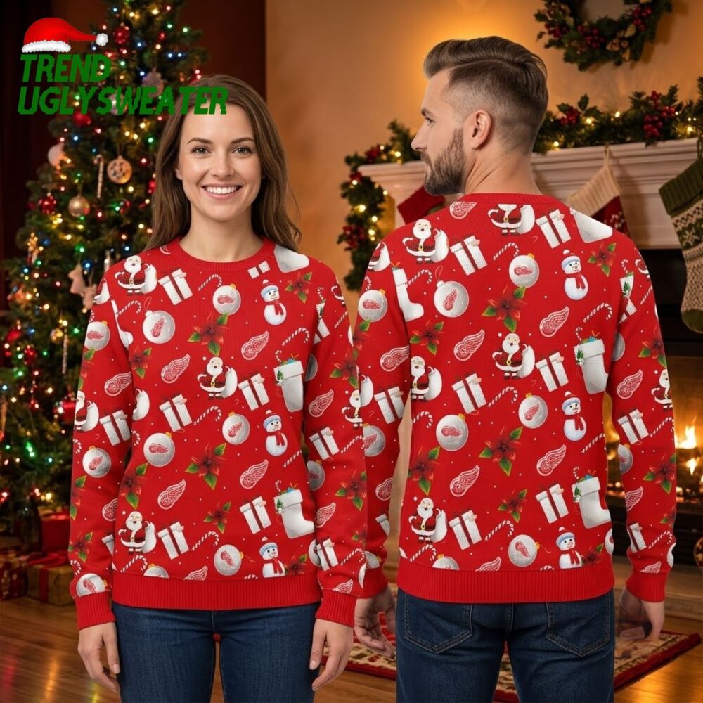 detroit red wings santa claus and snowman pattern ugly christmas sweater