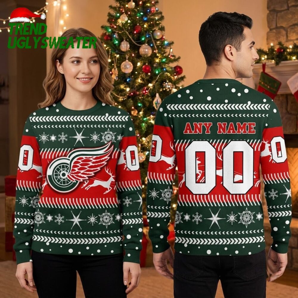 detroit red wings winged wheel reindeer custom name and number ugly christmas sweater