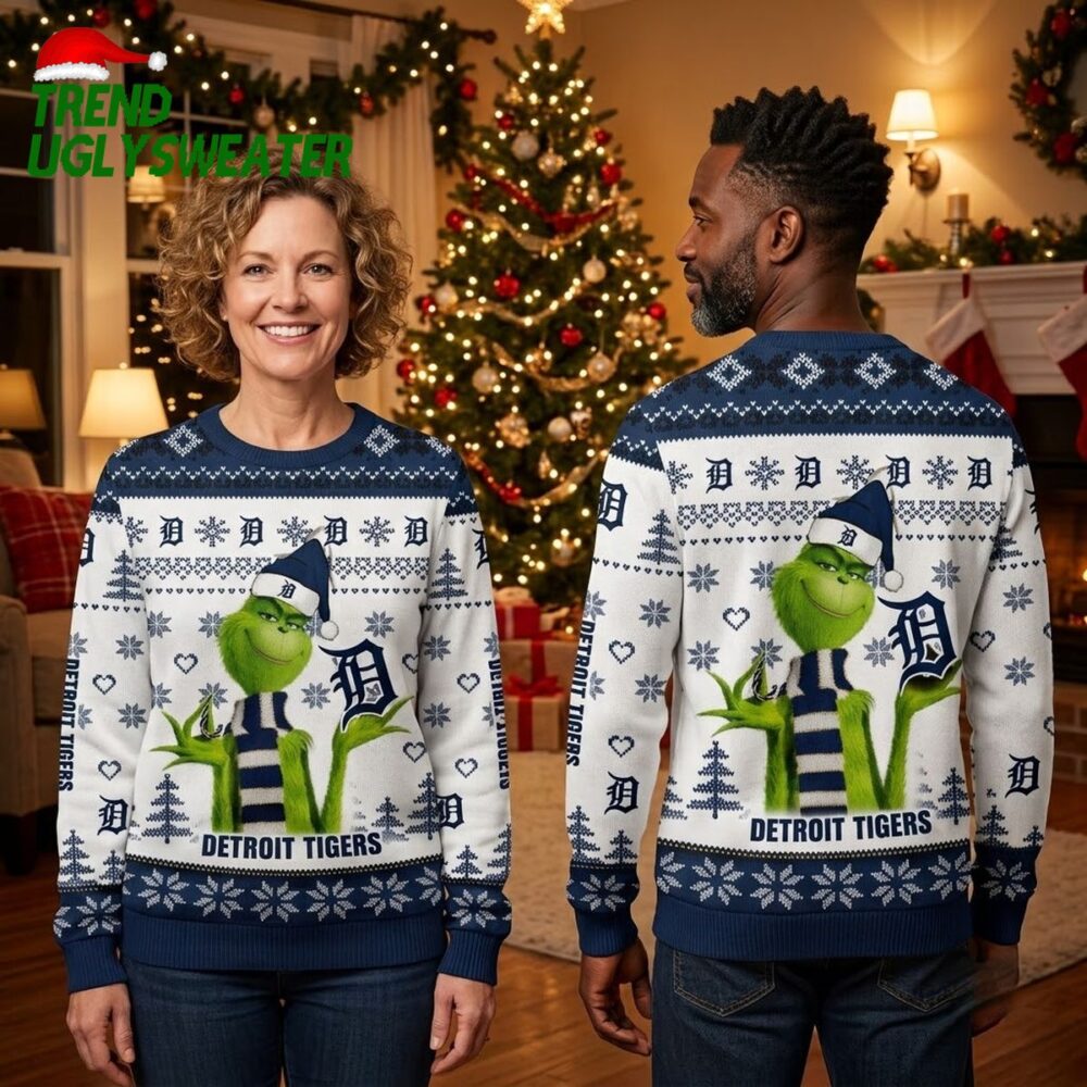 detroit tigers grinch snowflake pattern ugly christmas sweater