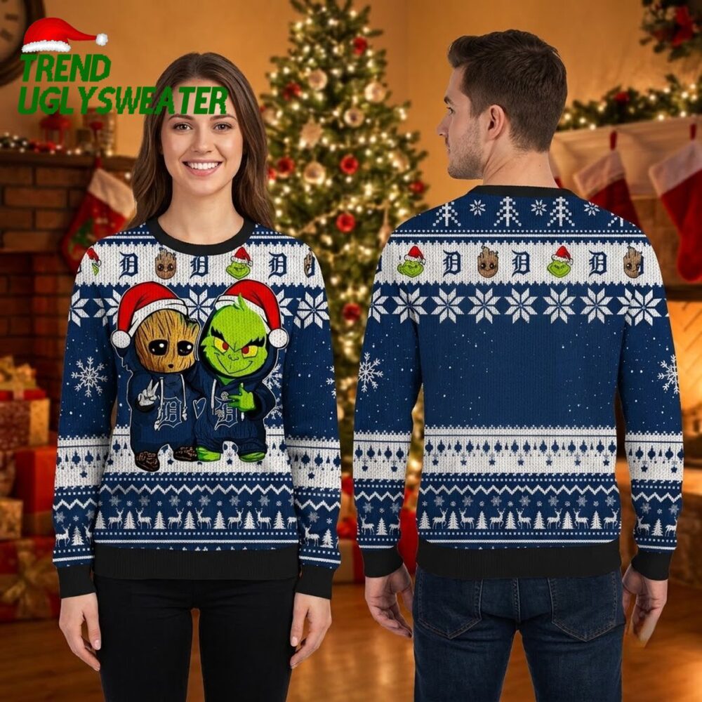 detroit tigers groot and grinch christmas duo ugly christmas sweater