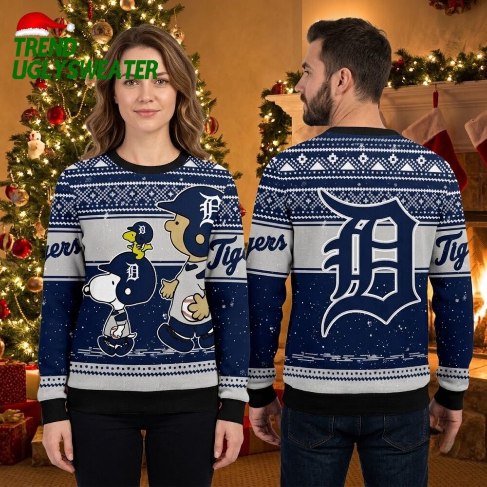 detroit tigers peanuts snoopy and charlie brown ugly christmas sweater