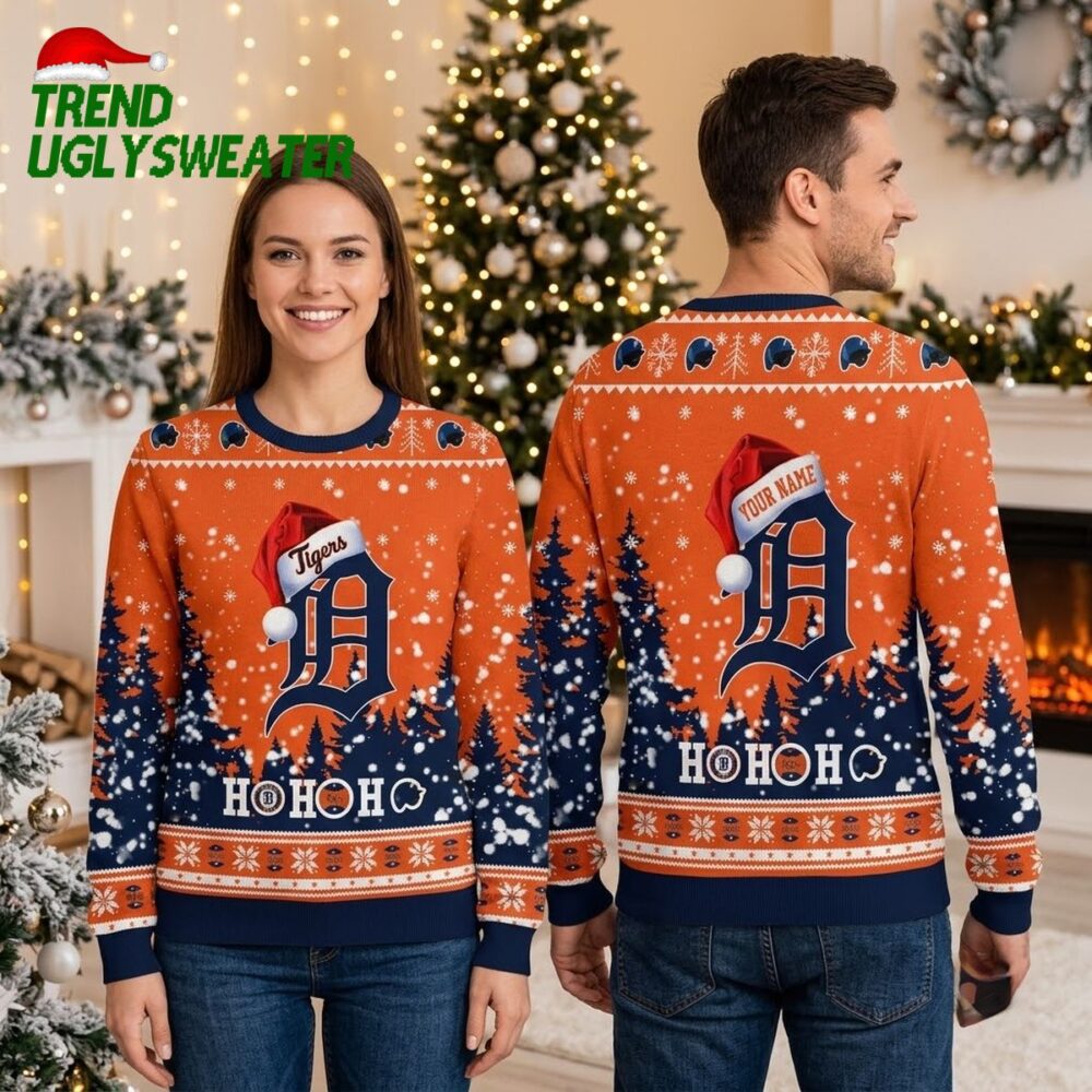 detroit tigers personalized santa hat logo ho ho ho ugly christmas sweater