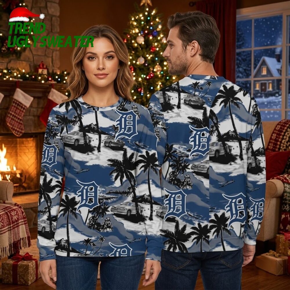 detroit tigers snowy tropical beach palm tree ugly christmas sweater