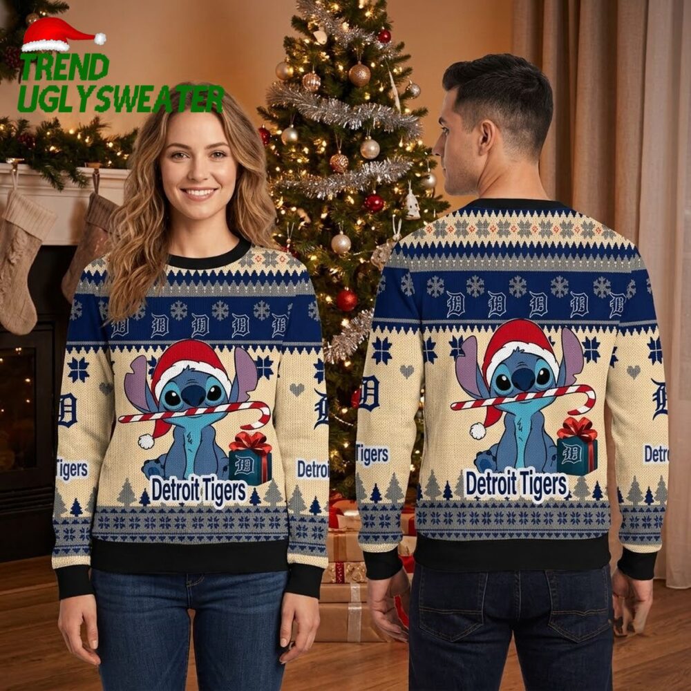 detroit tigers stitch candy cane ugly christmas sweater