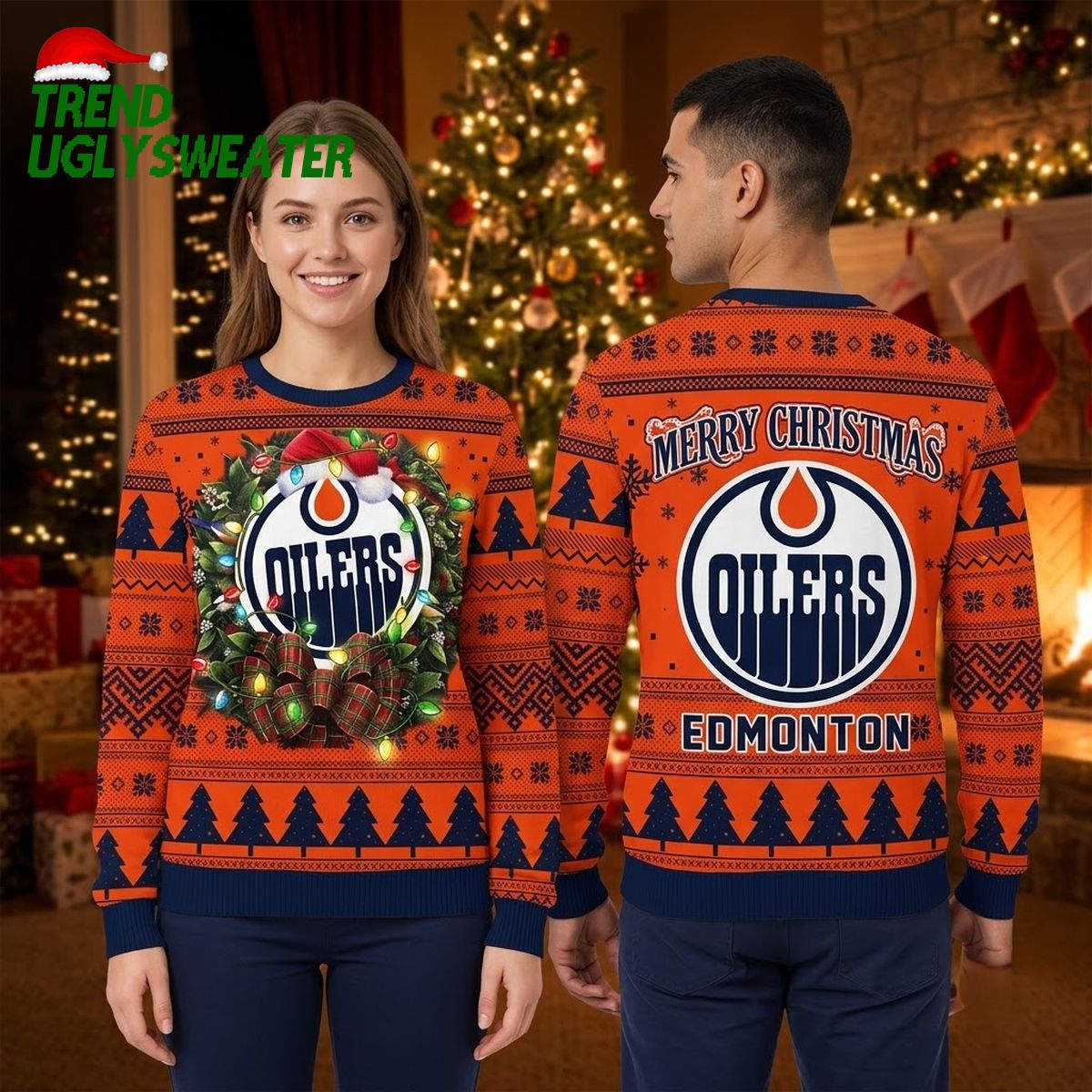 edmonton oilers santa hat logo christmas lights ugly christmas sweater edmonton oilers santa hat logo christmas lights ugly christmas sweater
