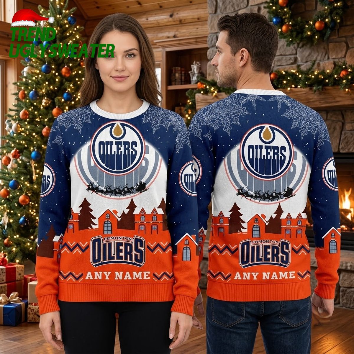 edmonton oilers santa sleigh custom name ugly christmas sweater edmonton oilers santa sleigh custom name ugly christmas sweater