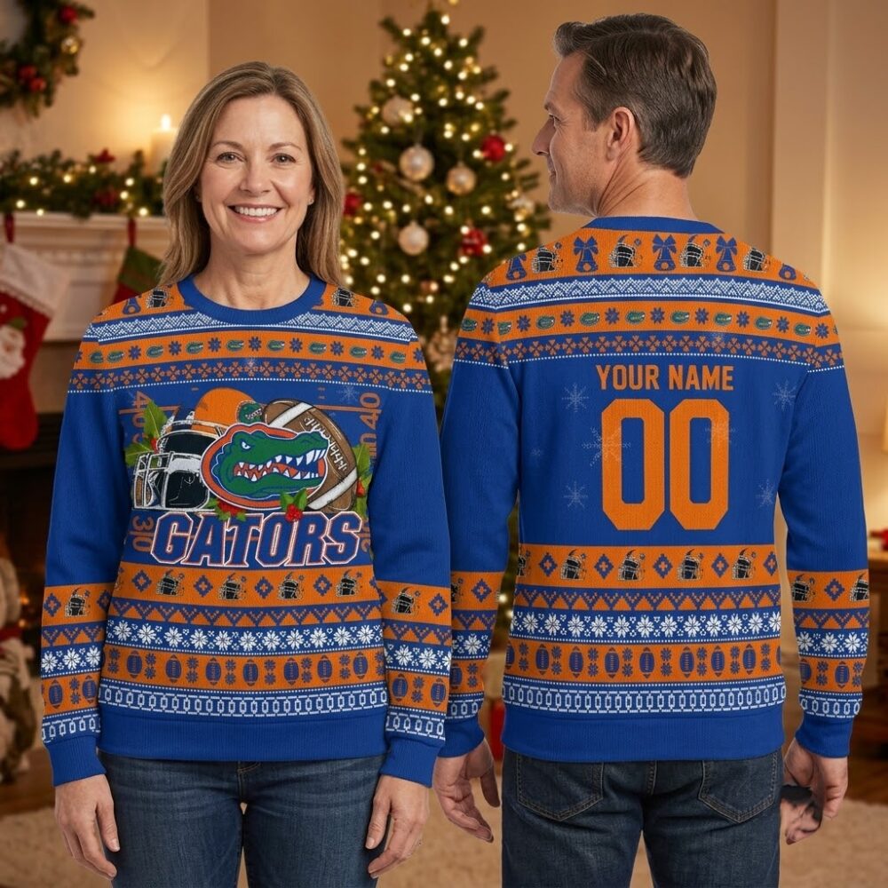 florida gators alligator football helmet custom name and number ugly christmas sweater