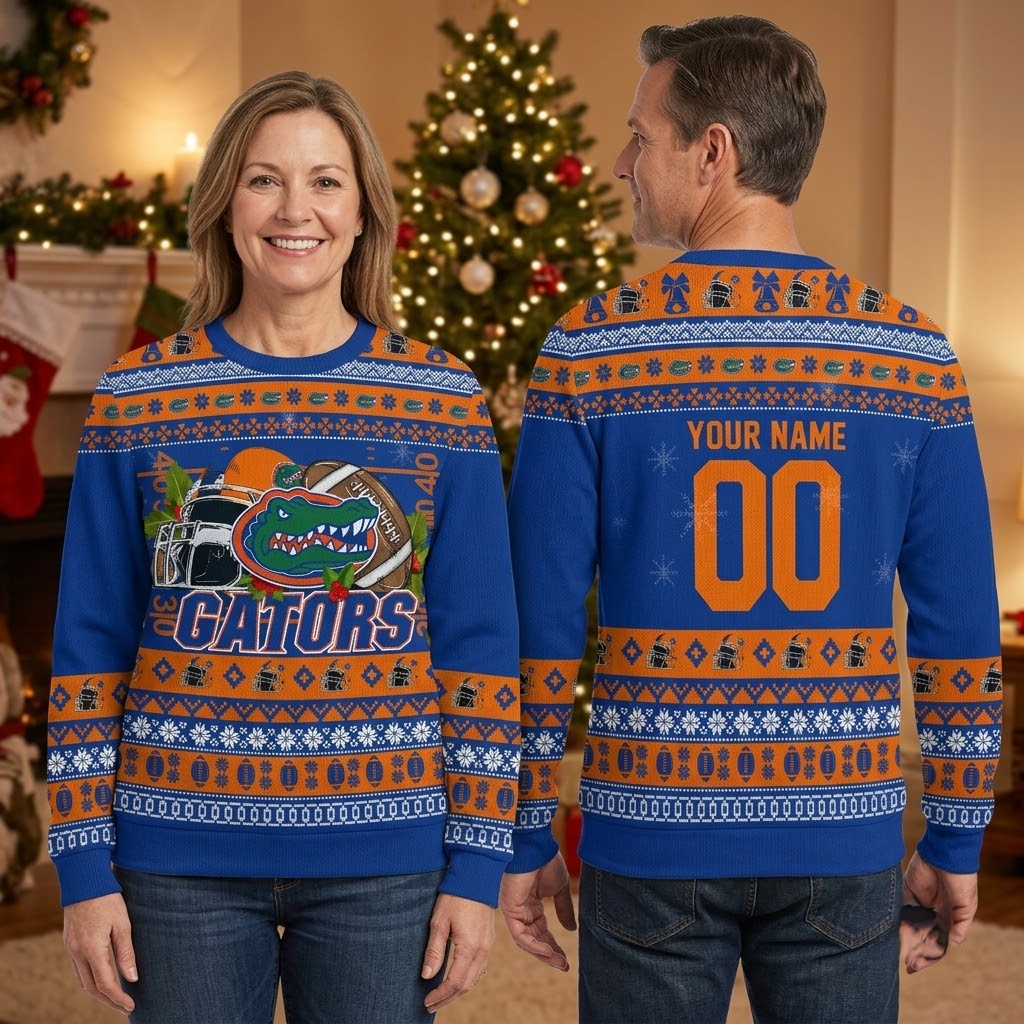 florida gators alligator football helmet custom name and number ugly christmas sweater florida gators alligator football helmet custom name and number ugly christmas sweater