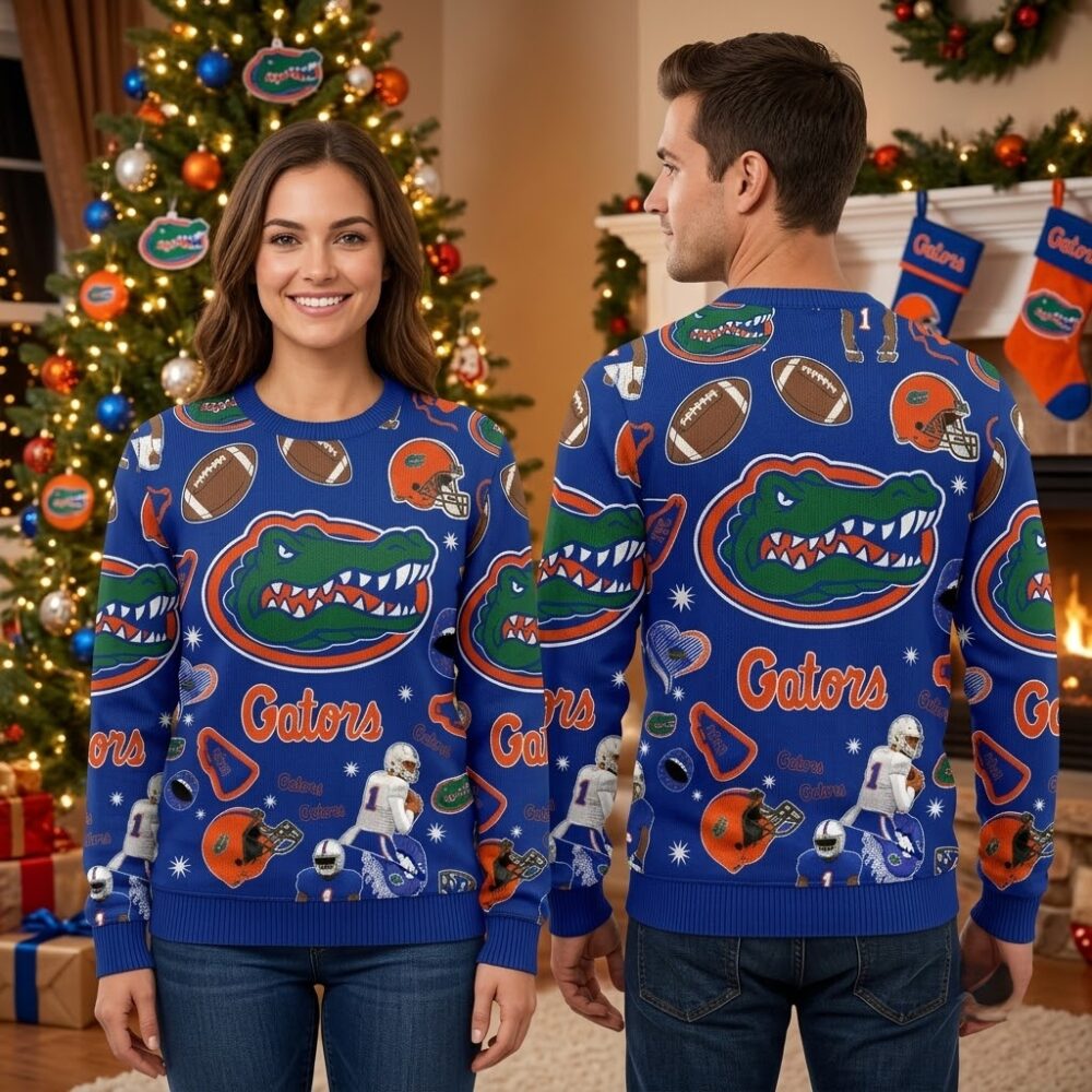 florida gators alligator mascot and football icons ugly christmas sweater