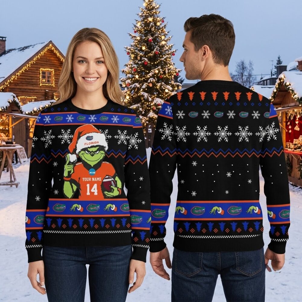 florida gators grinch santa football player custom name ugly christmas sweater