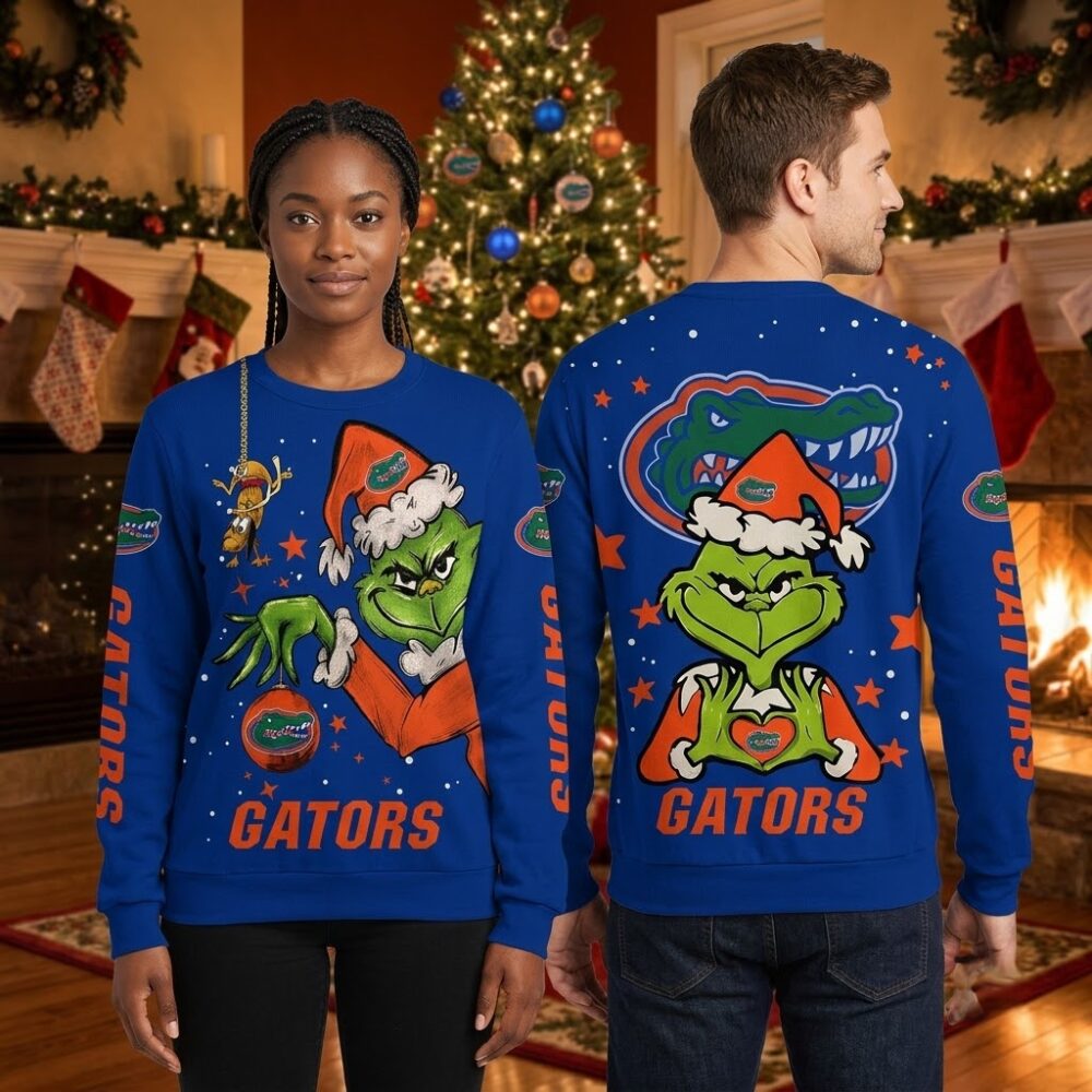 florida gators grinch santa hat custom name ugly christmas sweater