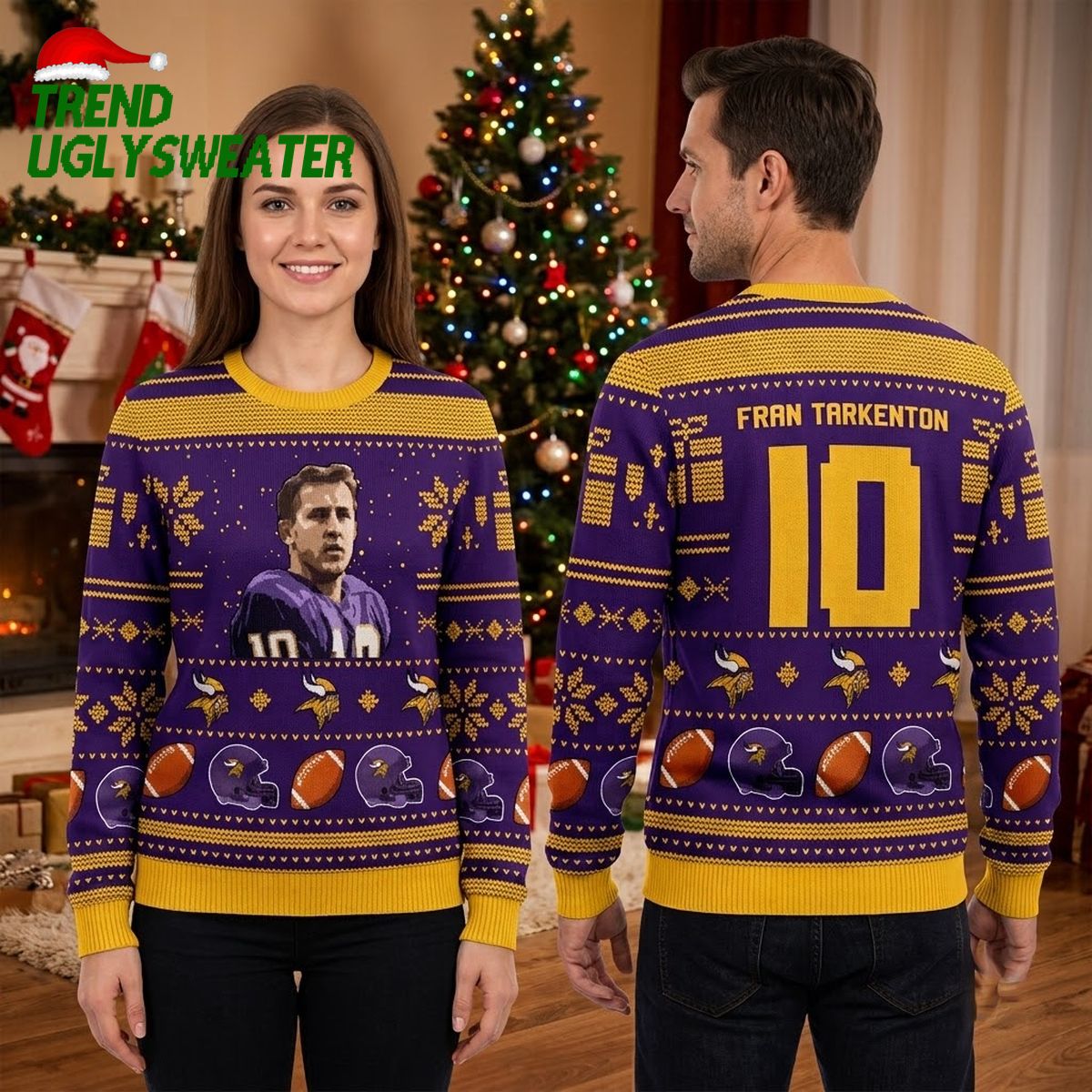 fran tarkenton 10 minnesota vikings football pattern ugly christmas sweater fran tarkenton 10 minnesota vikings football pattern ugly christmas sweater