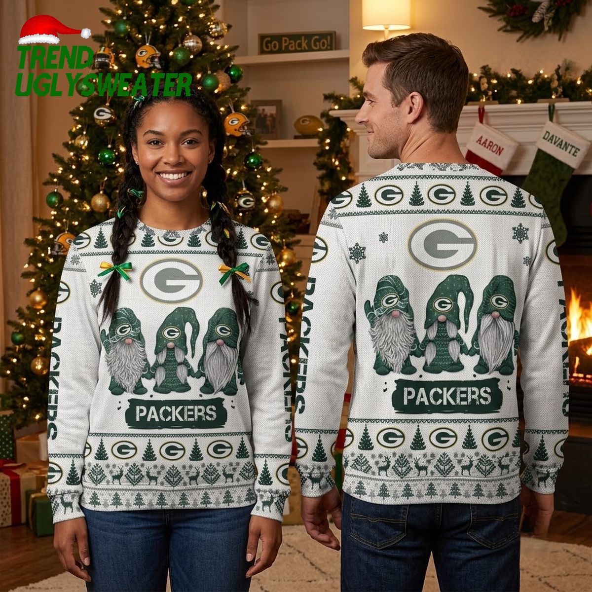 green bay packers christmas gnome trio ugly christmas sweater green bay packers christmas gnome trio ugly christmas sweater