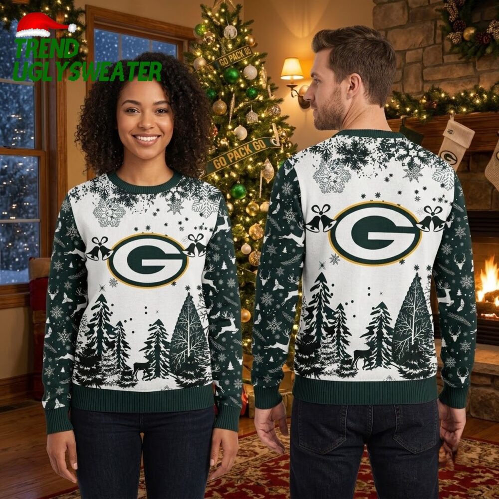 green bay packers logo snowy forest ugly christmas sweater