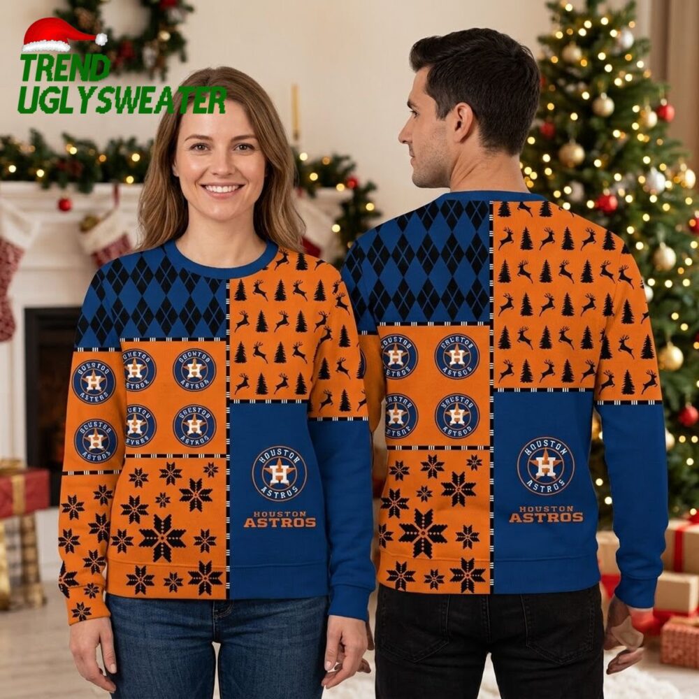 houston astros patchwork snowflake and tree pattern ugly christmas sweater