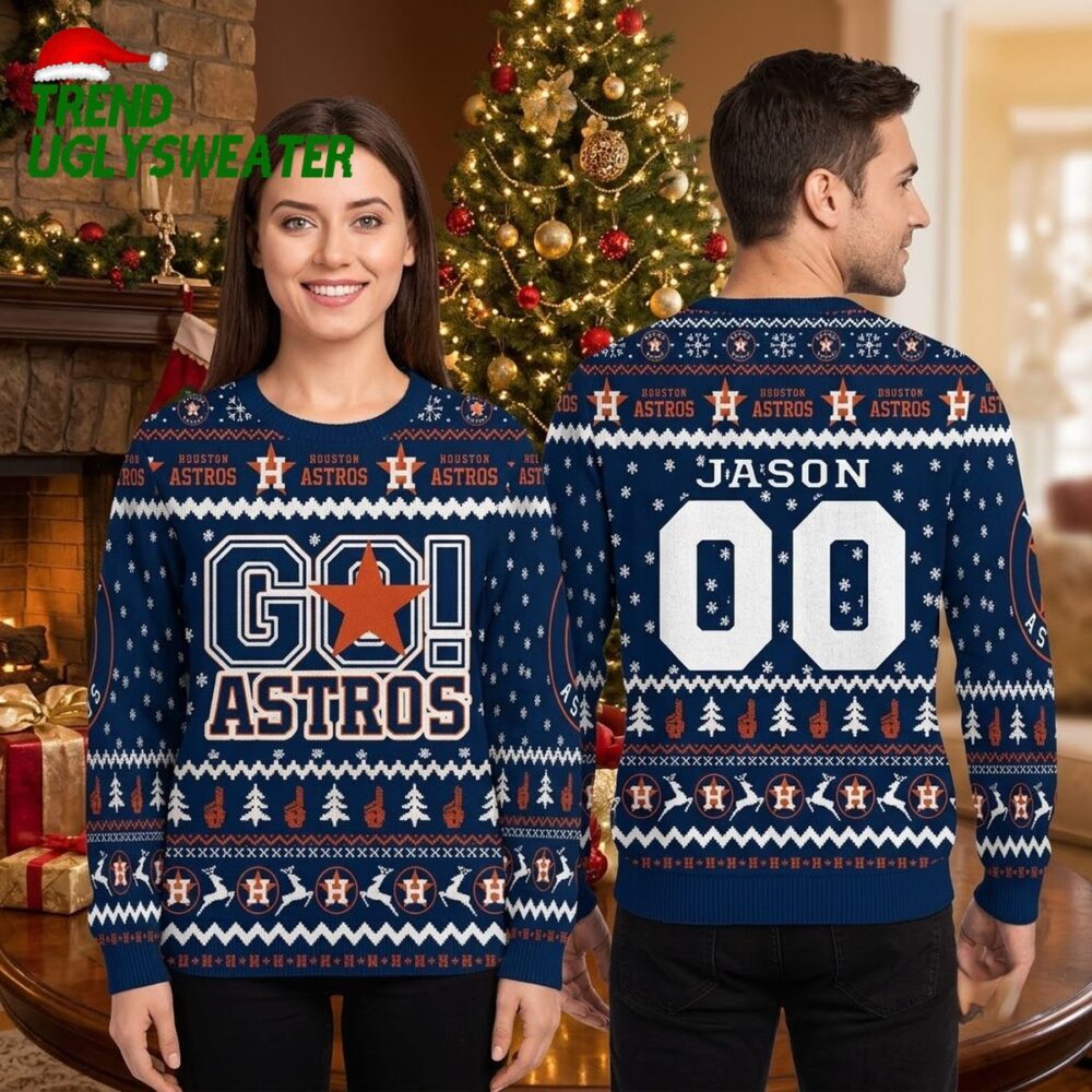 houston astros personalized custom name and number snowflake ugly christmas sweater