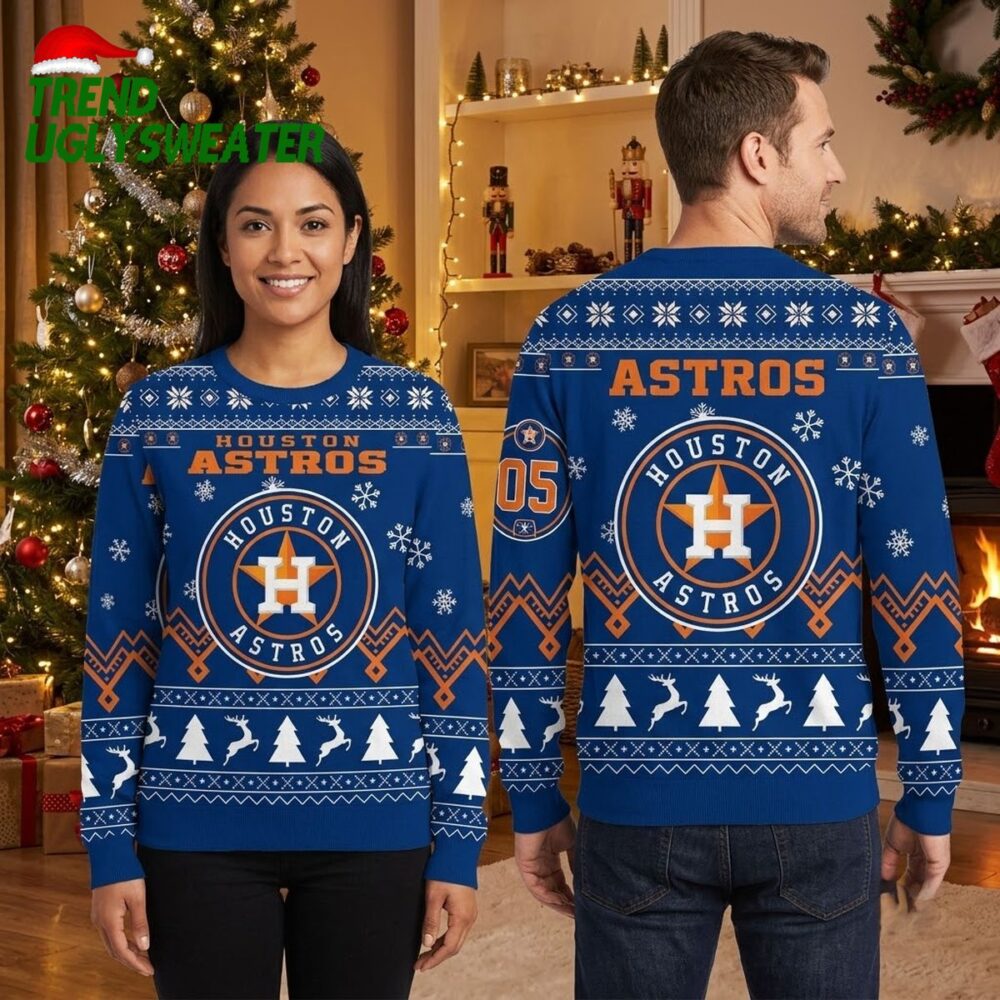 houston astros personalized reindeer and snowflake ugly christmas sweater