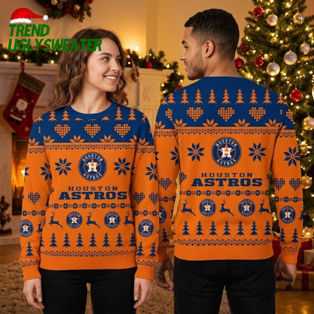 houston astros reindeer and hearts pattern ugly christmas sweater