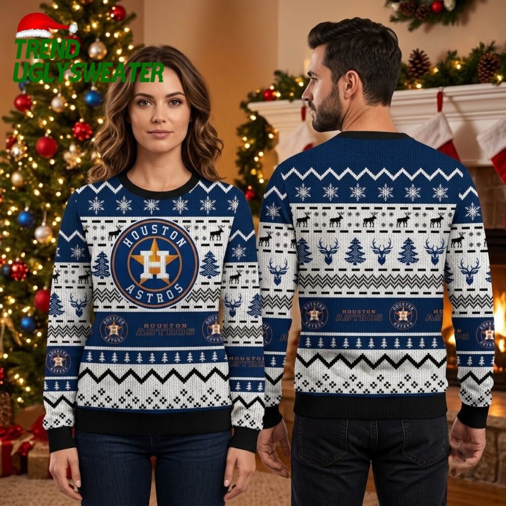 houston astros reindeer and snowflake pattern ugly christmas sweater