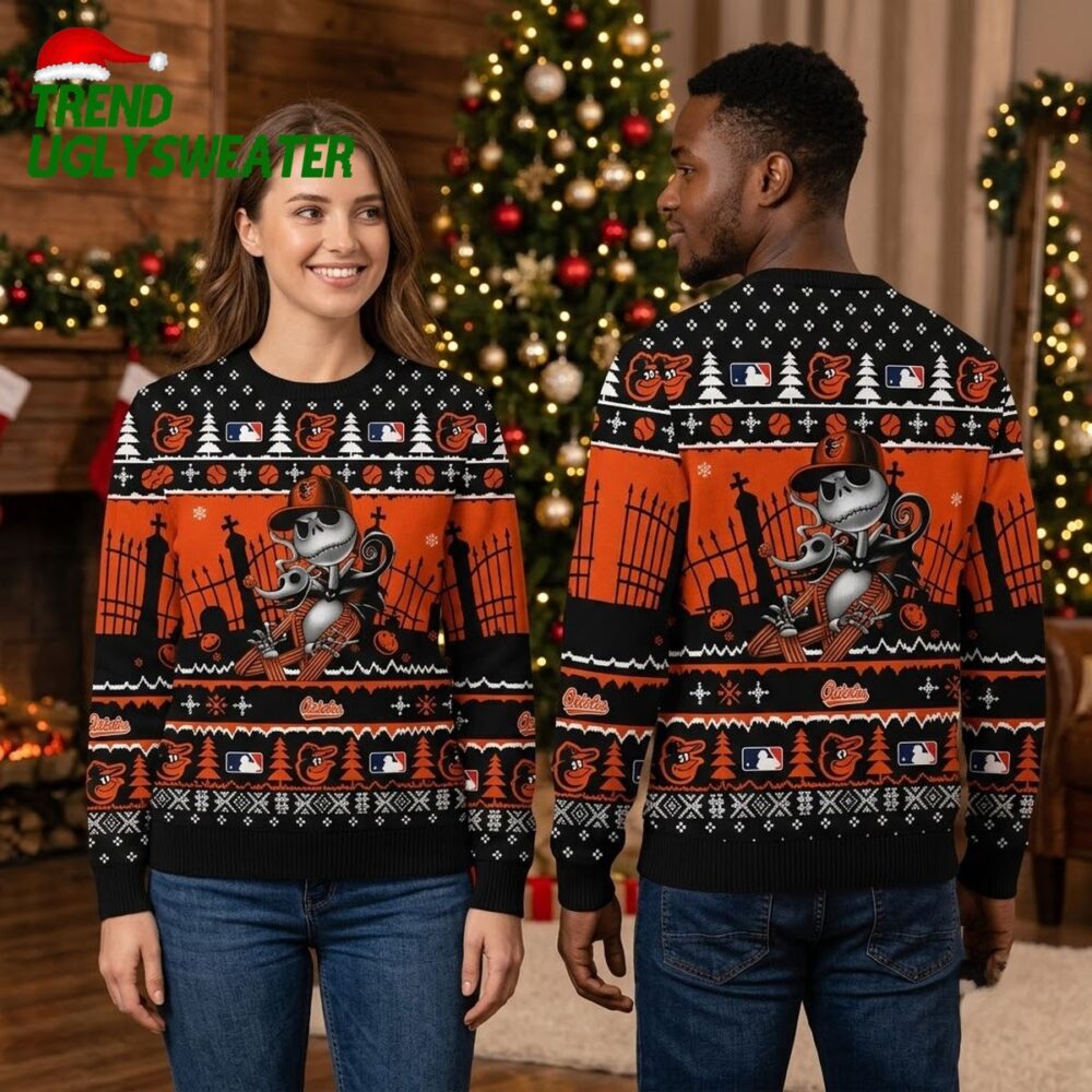 jack skellington baltimore orioles baseball character ugly christmas sweater