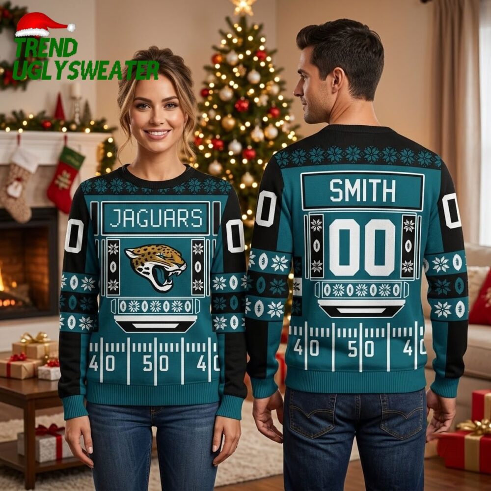 jacksonville jaguars jaguar logo custom name and number ugly christmas sweater